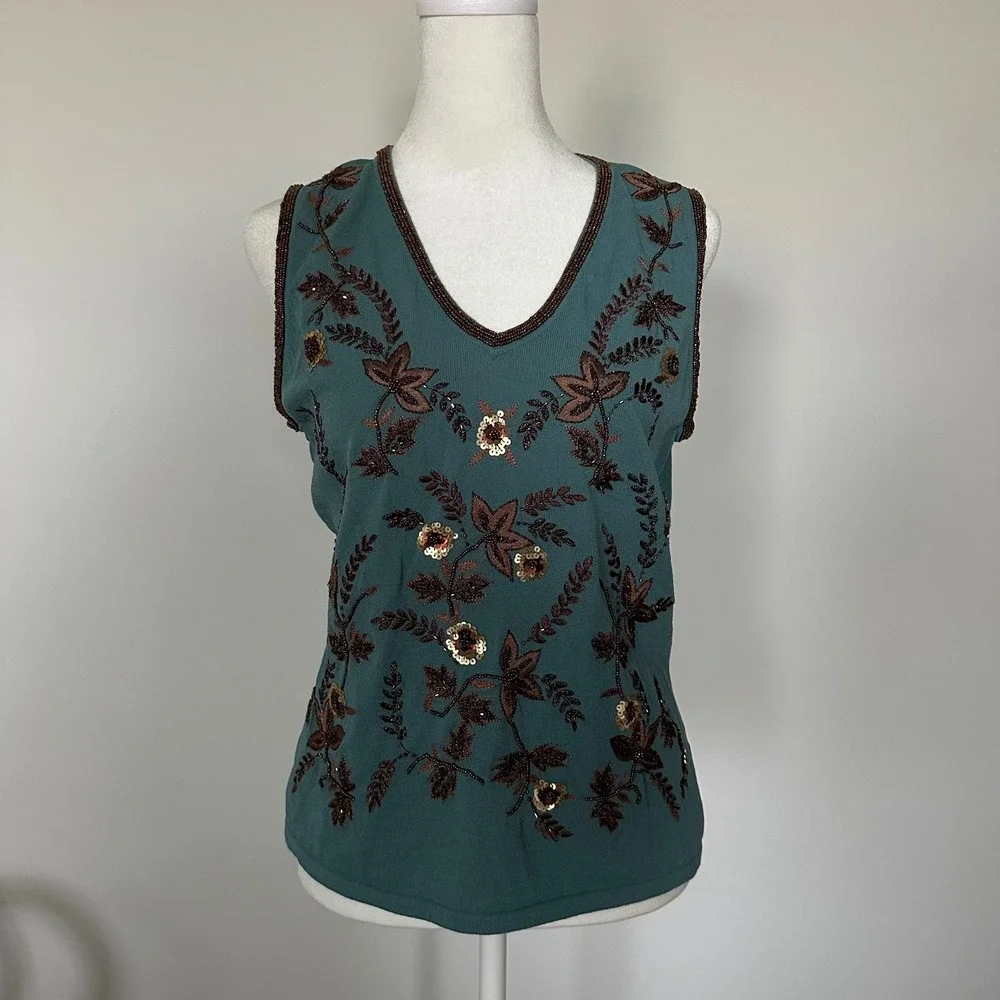 Teal Knit Beaded Tank Top -‎ SIZE M Jones New York Floral Sequins Fall Elegant - Picture 2 of 6